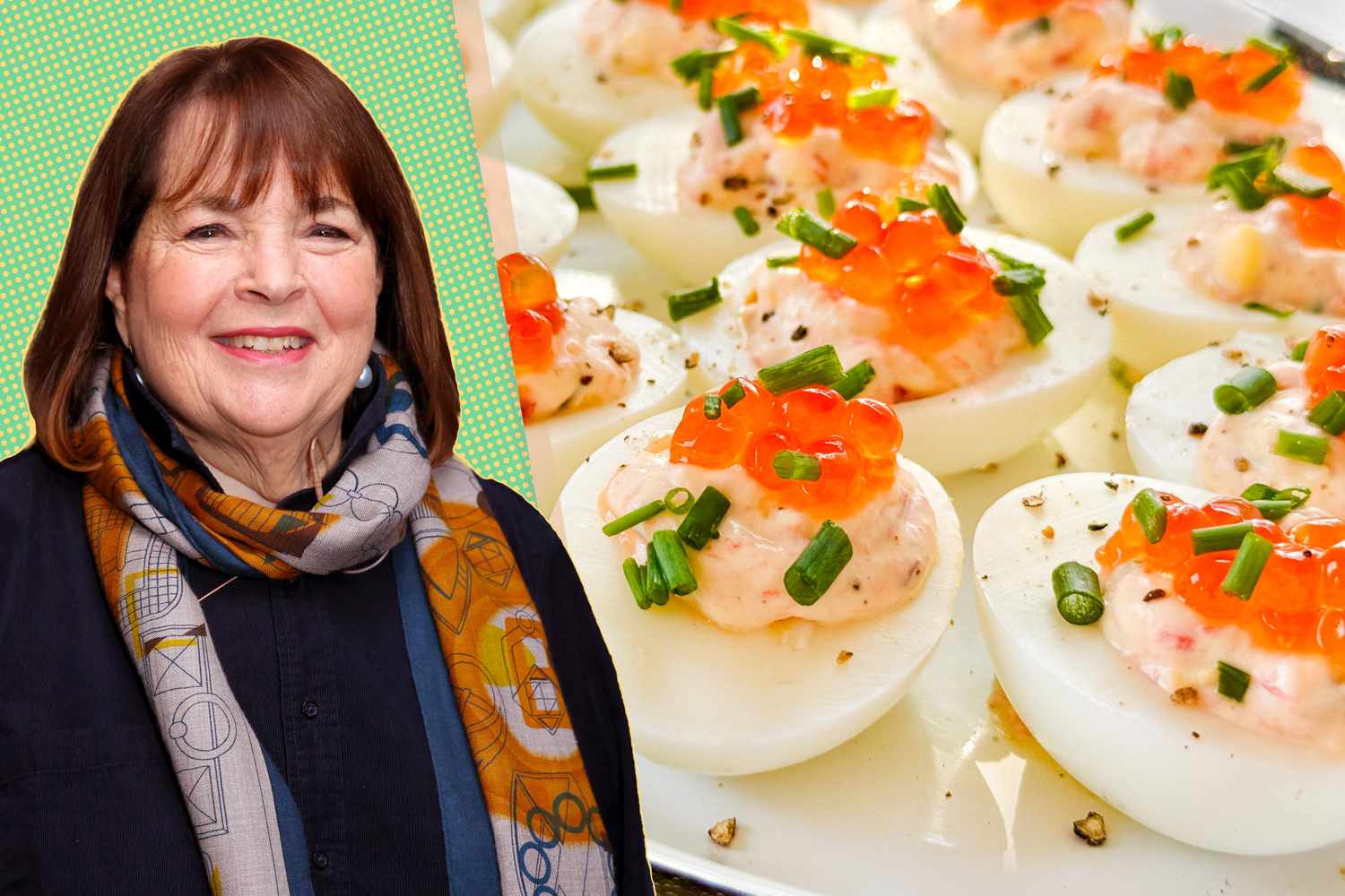 A split image of Ina Garten a plate of deviled eggs topped with garnishes