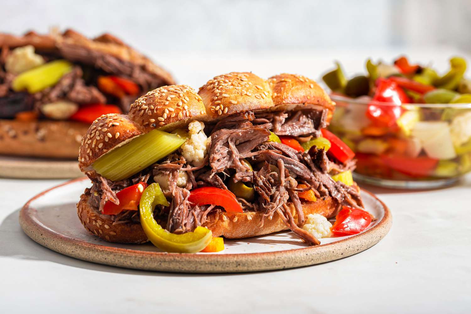 Italian Style Beef sandwich on a sesame seed roll
