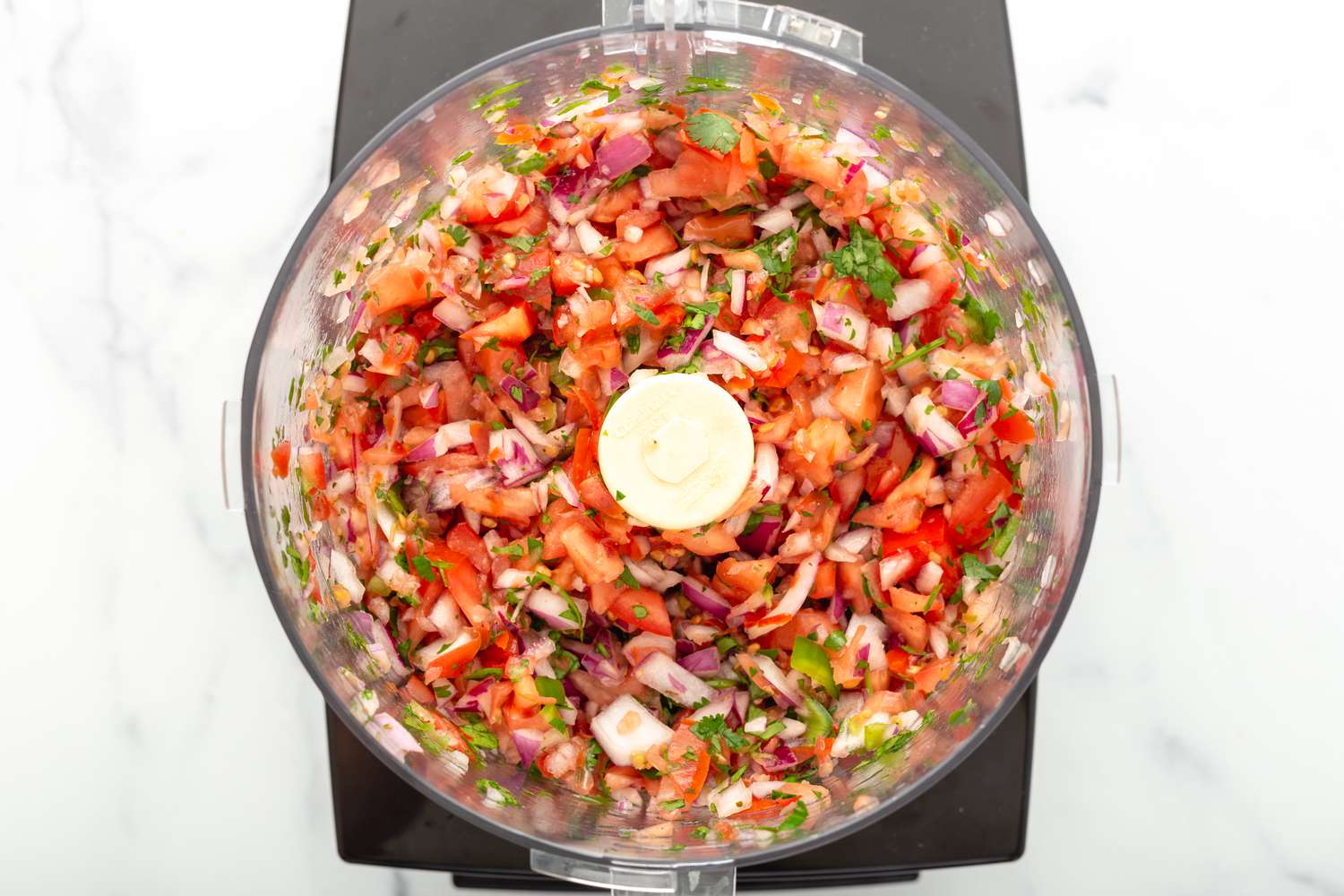 Food processor with pico de gallo inside.
