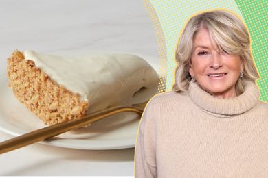 Martha Stewart and a slice of nobake cheesecake on a plate