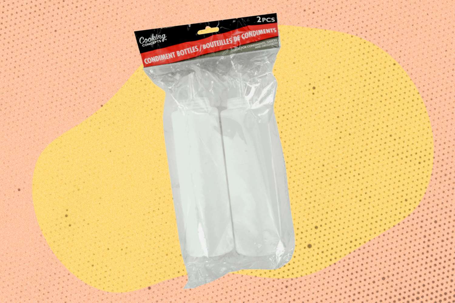 Two condiment bottles in clear packaging against a stylized background