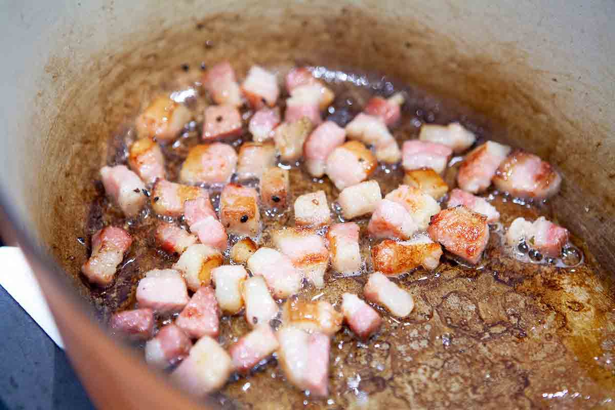 brown pancetta in pot