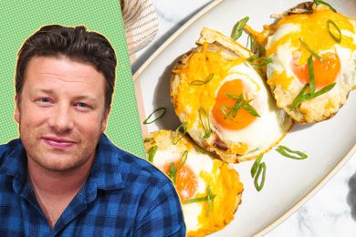 Jamie Oliver headshot next to a plate of his Loaded Potatoes recipe
