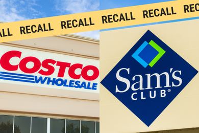 Signage for Costco Wholesale and Sams Club with a recall warning banner crossing the image