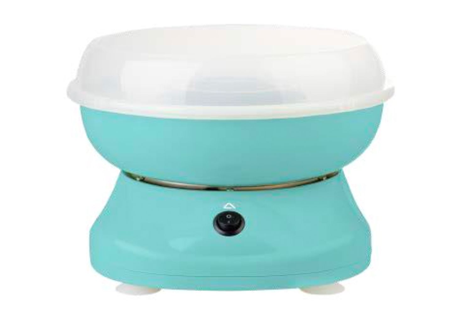A cotton candy maker with a turquoise base and a clear plastic cover