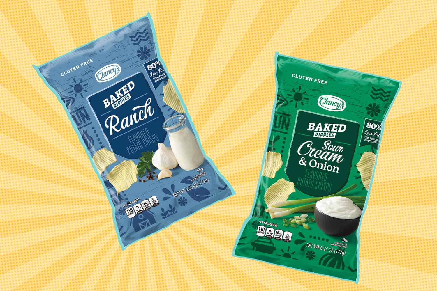 Two packages of Clancys Baked Chips ranch and sour cream onion flavors