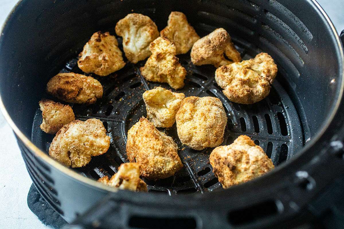 Air Fryer Buffalo Cauliflower in an air fryer.