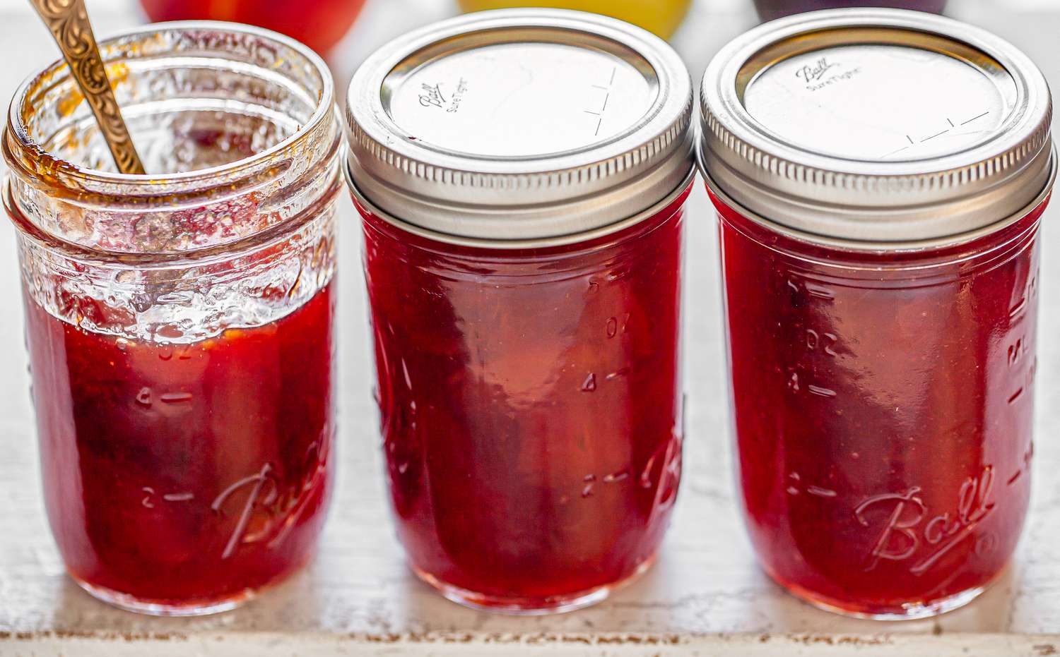 Peach, Pear, and Plum Jam in Canning Jars
