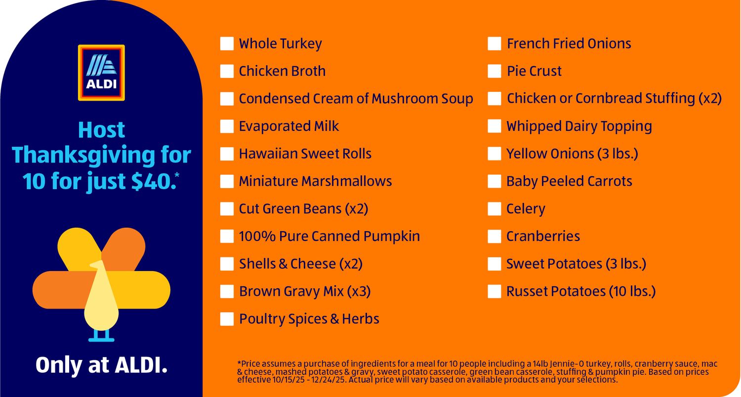 A graphic from Aldi promoting a Thanksgiving meal deal for 10 people at 40 with a list of included grocery items and terms