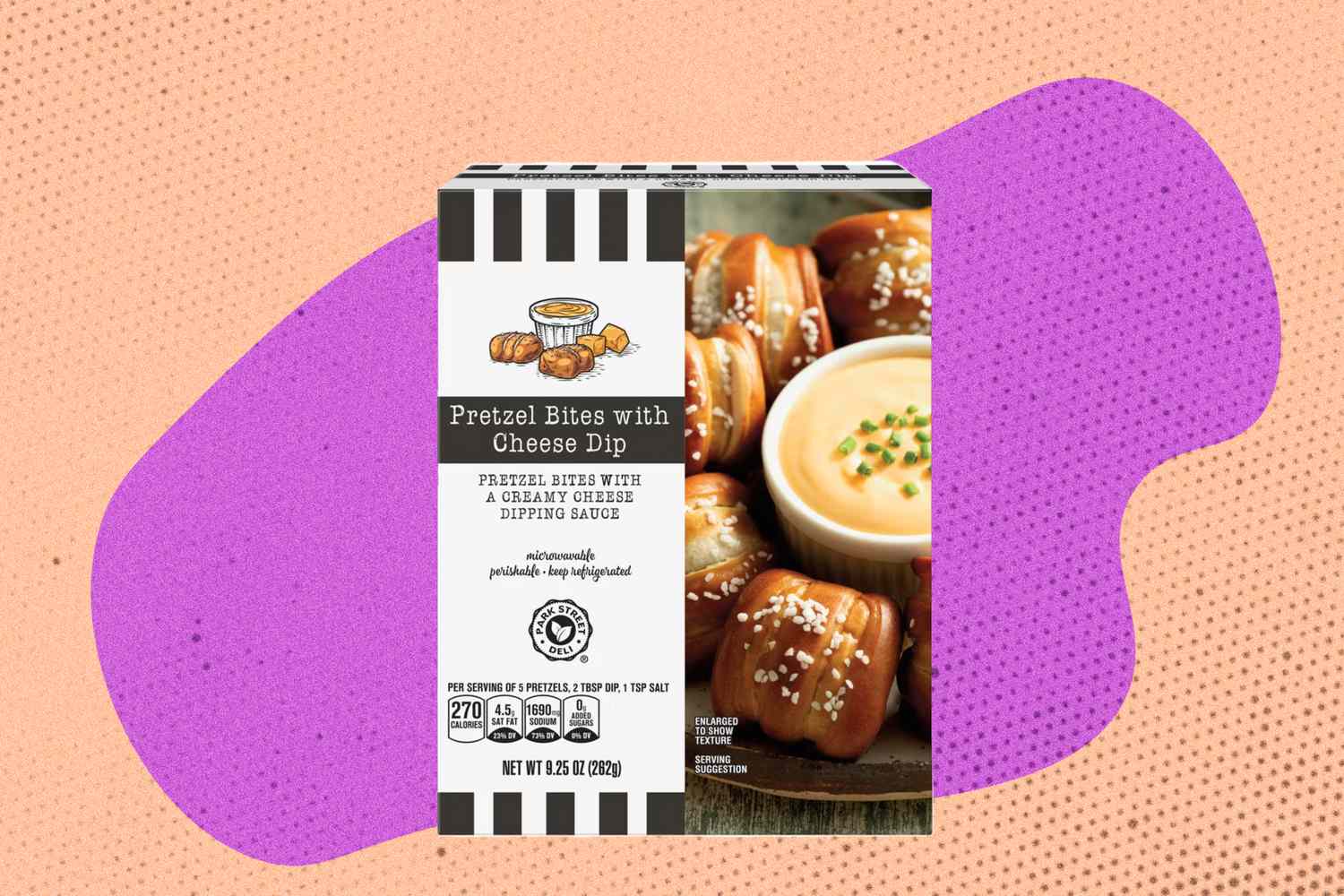 A box of Pretzel Bites with Cheese Dip featuring an image of the product on the packaging