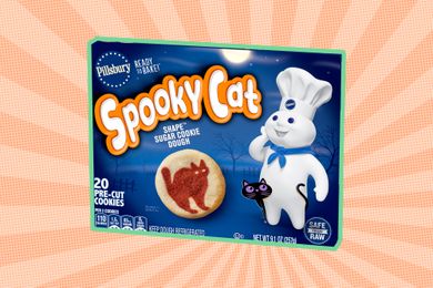 Packaging for Pillsburys Spooky Catshaped sugar cookie dough featuring the Doughboy and a cat silhouette