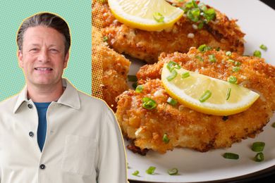 A split image of Jamie Oliver and crispy chicken breasts garnished with a lemon slice and chopped scallion on a white plate