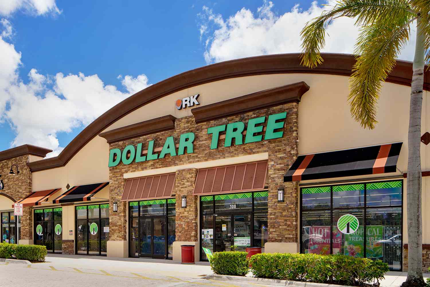 Exterior view of a Dollar Tree storefront with signage and palm trees visible