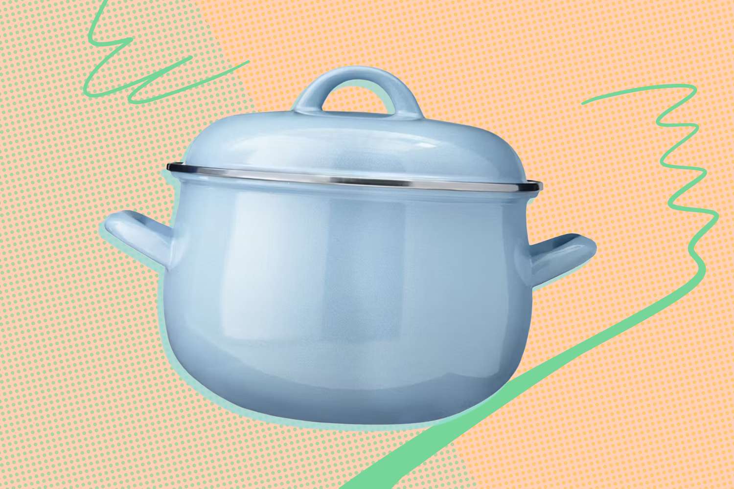 ALDI porcelain enamel casserole dutch oven on an illustrated background