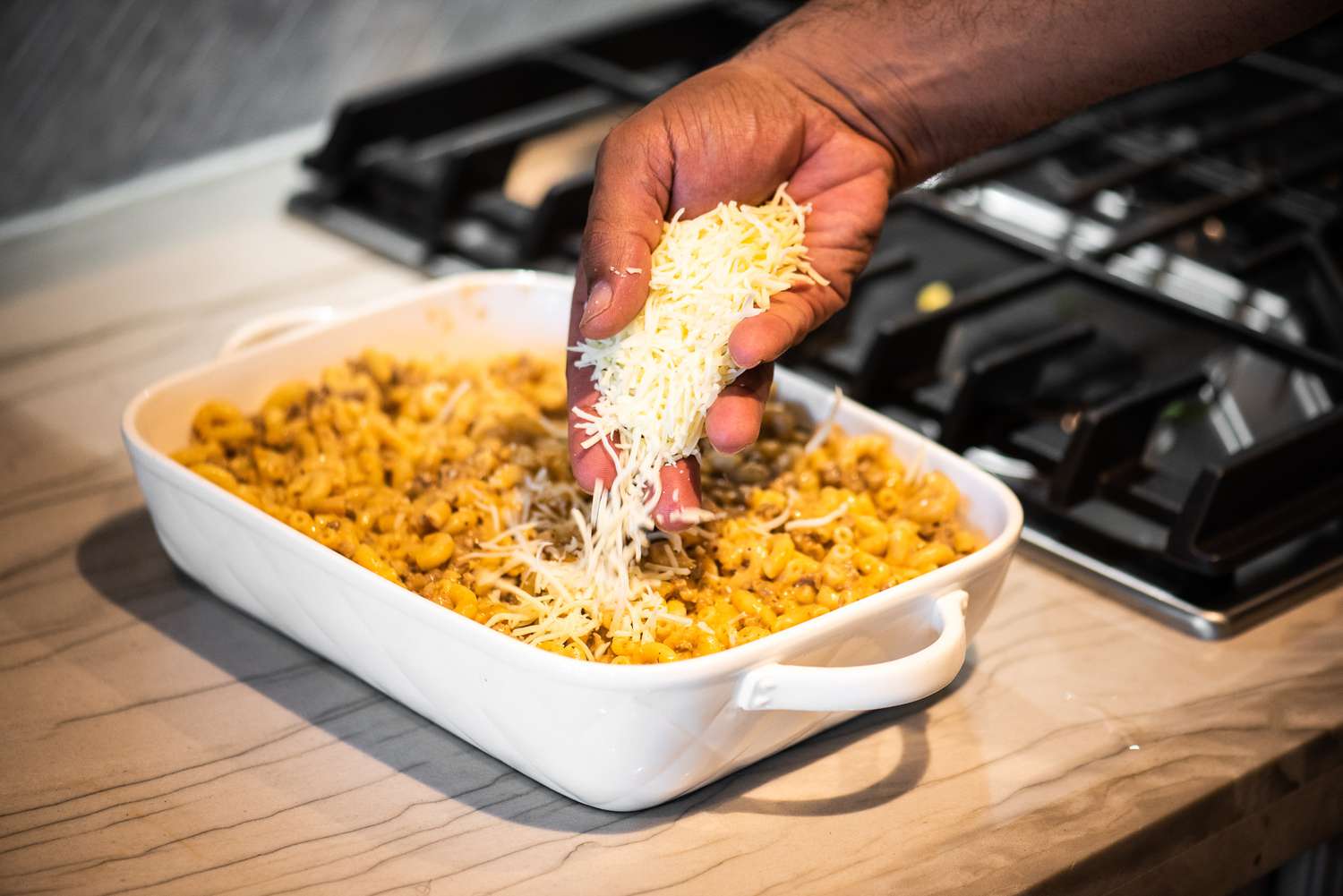 Cheeseburger Casserole Topped with Monterey Jack Cheese and Cheddar Cheese