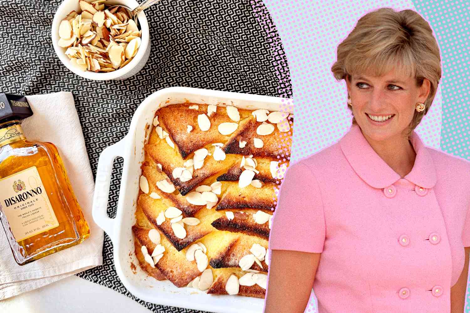 Photo of Princess Diana on a speckled background next to photo of her favorite bread pudding