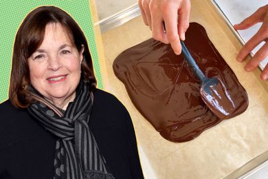 Ina Garten next to a photo of a hand holding a spatula spreading chocolate on a parchment-lined baking sheet