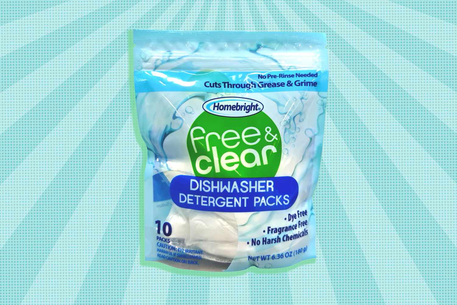 Package of Homebright Free Clear dishwasher detergent packs with product details and brand logo