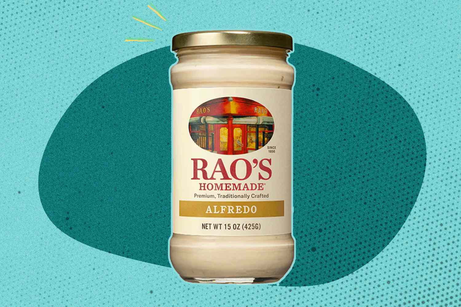 Jar of Raos Homemade Alfredo Sauce on a teal background