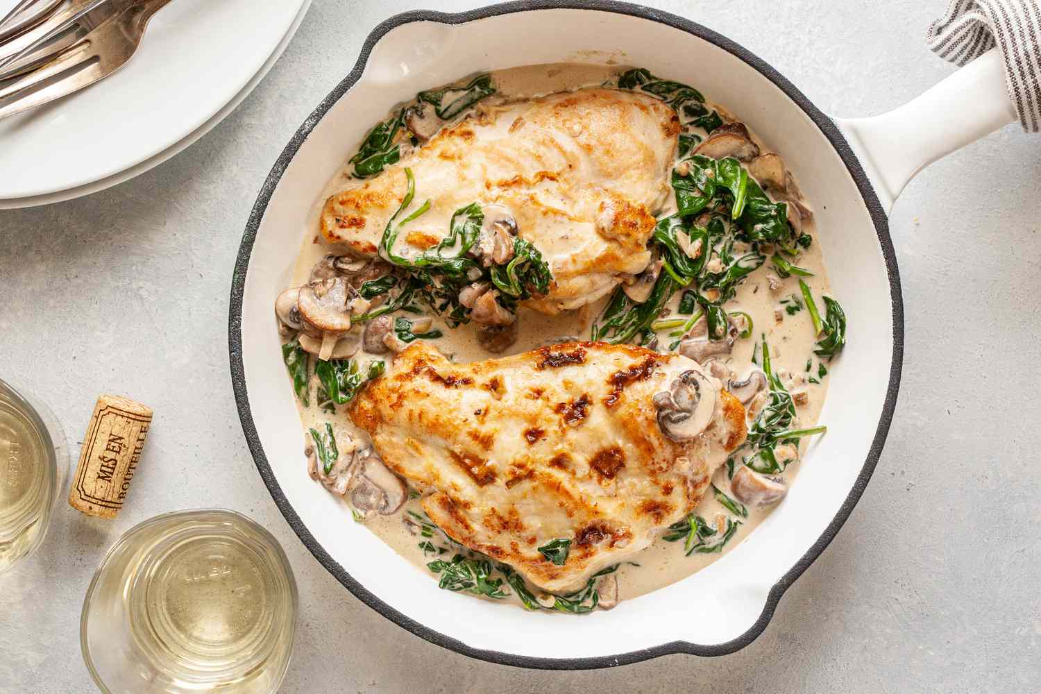 Skillet of creamy chicken florentine
