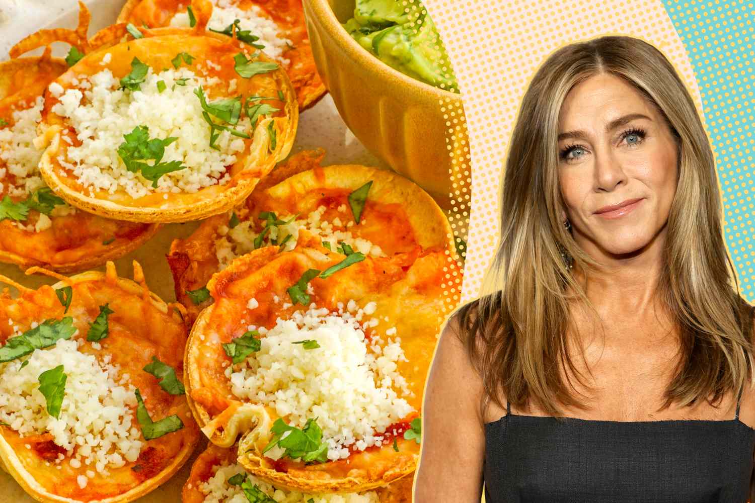 Jennifer Aniston shown alongside enchilada bites topped with cheese and herbs