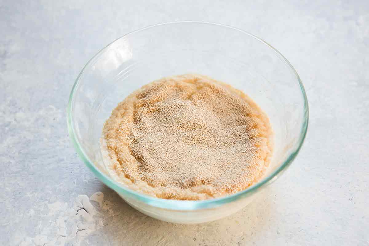 whisk the yeast for the hot cross buns and let sit until foamy
