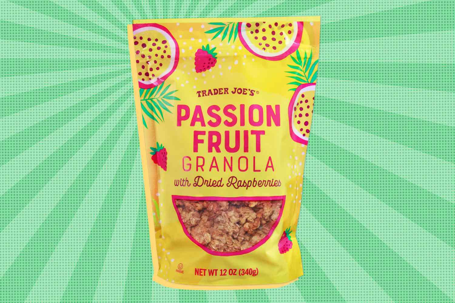 Trader Joe's Passionfruit Granola package over a colorful background
