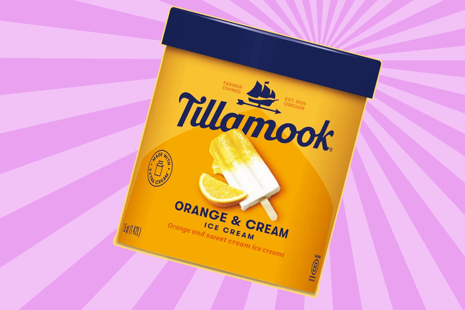 Tillamook Orange & Cream ice cream container on a vibrant background