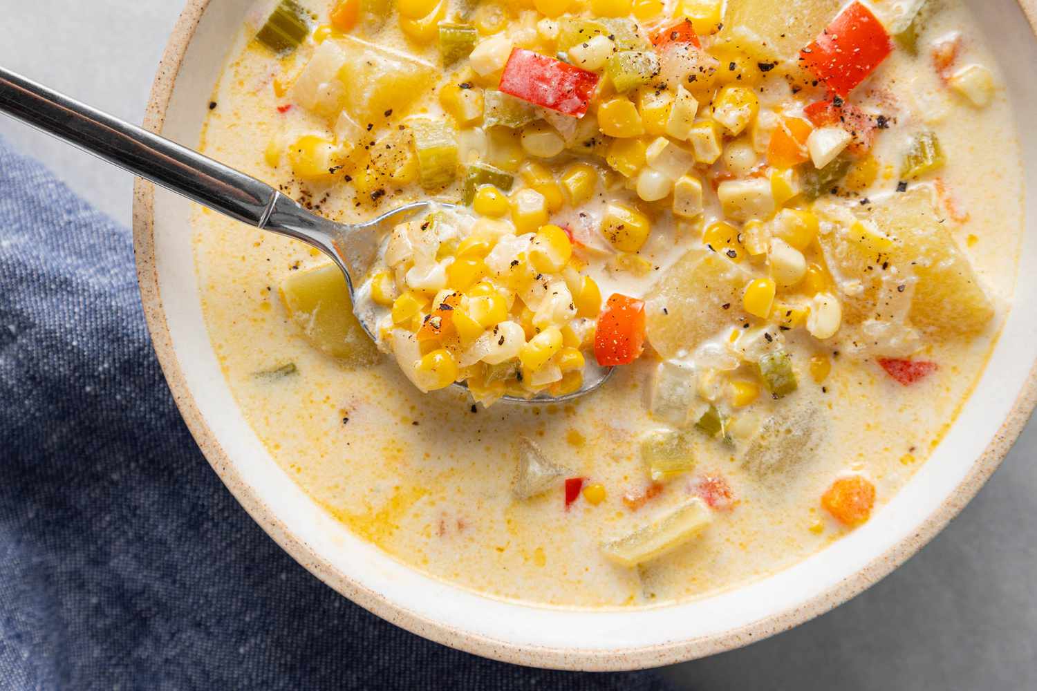 corn chowder in a white bowl