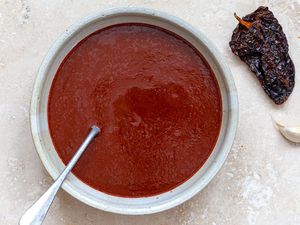Smooth red chilli sauce in a bowl.