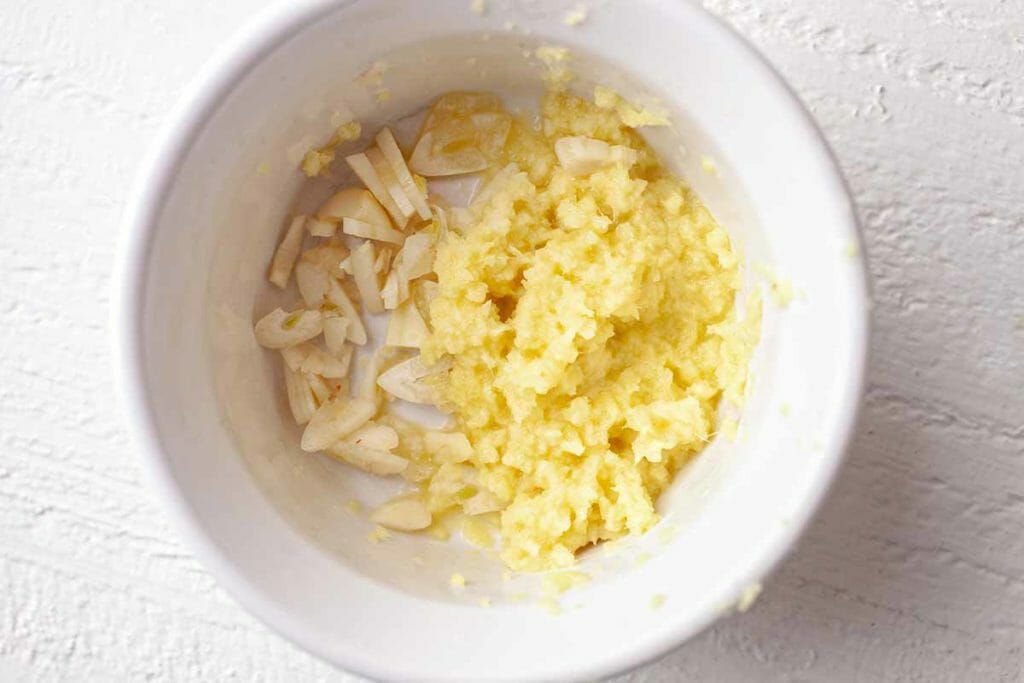 Pork Rice Bowl Recipe - mashed and sliced ginger in bowl