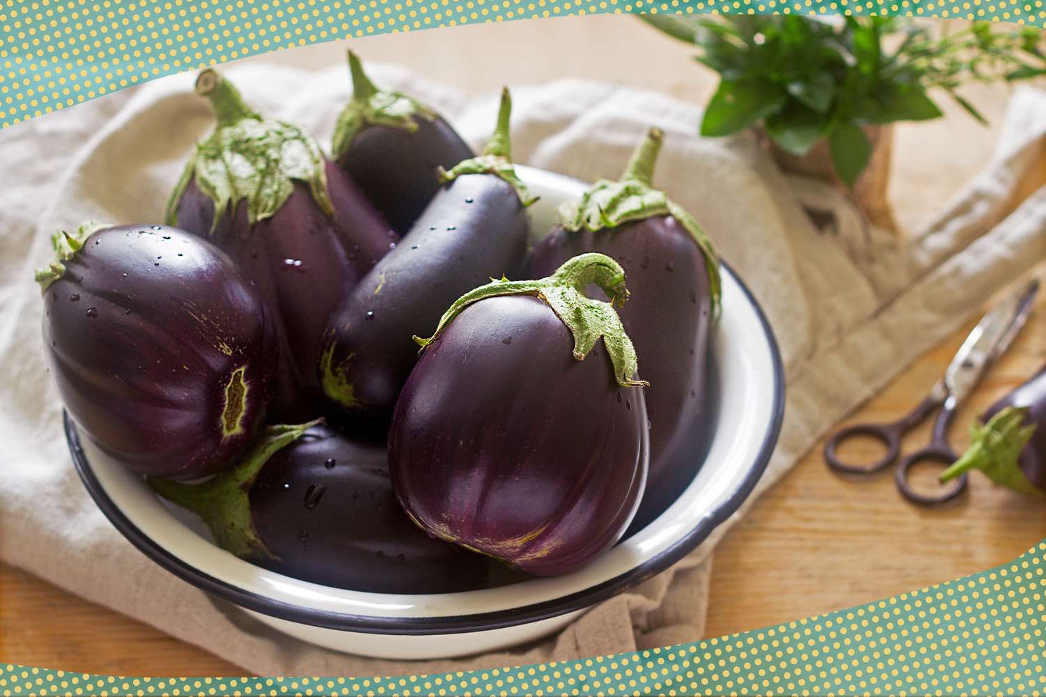 Eggplants in a white bowl on the kitchen counter