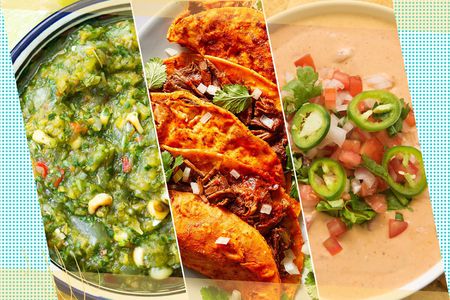 A photocollage of three recipes: cactus salsa, birria tacos, and queso dip