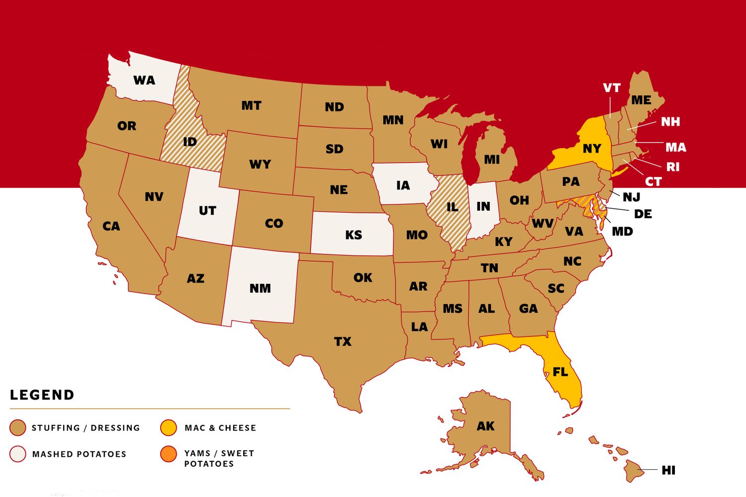 Map of the United States showing the favorite Thanksgiving side dishes by state with a legend