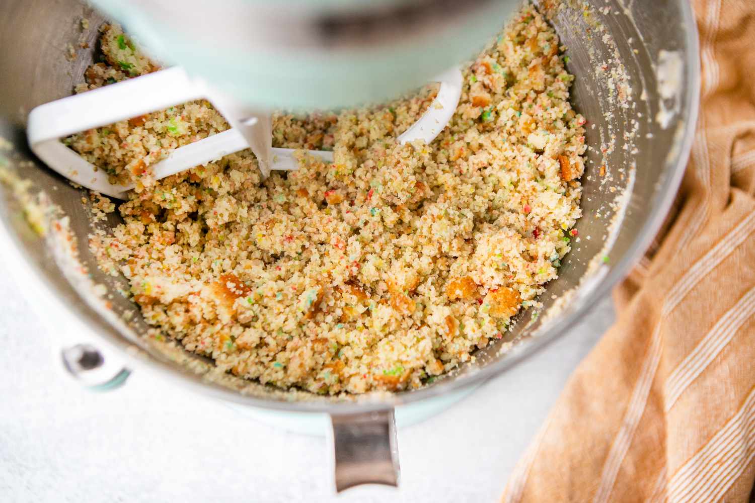 Cake Crumbled in Mixer for Funfetti Cake Pops