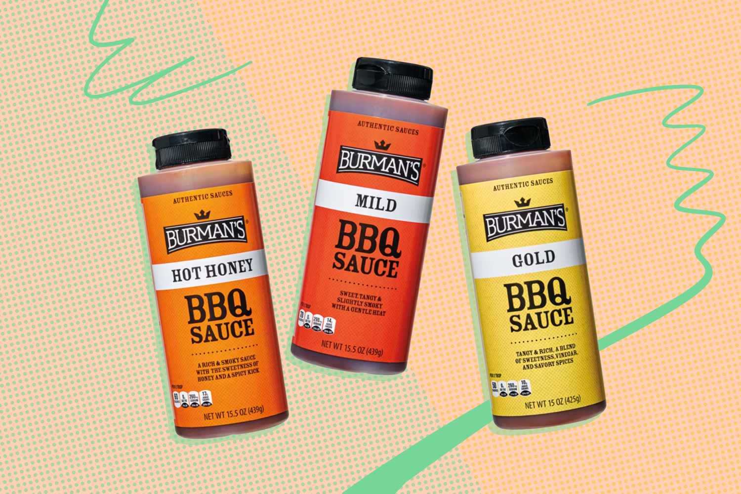 Three bottles of Burman's BBQ Sauce labeled Hot Honey, Mild, and Gold