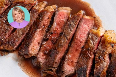 Sliced cooked steak with an image of Martha Stewart overlaying the top left