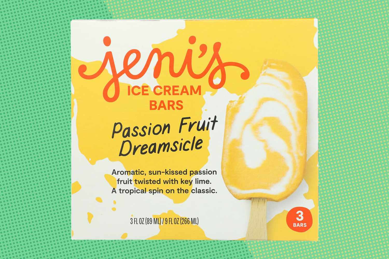 Package of Jenis Ice Cream Bars Passion Fruit Dreamsicle flavor displayed on a green surface