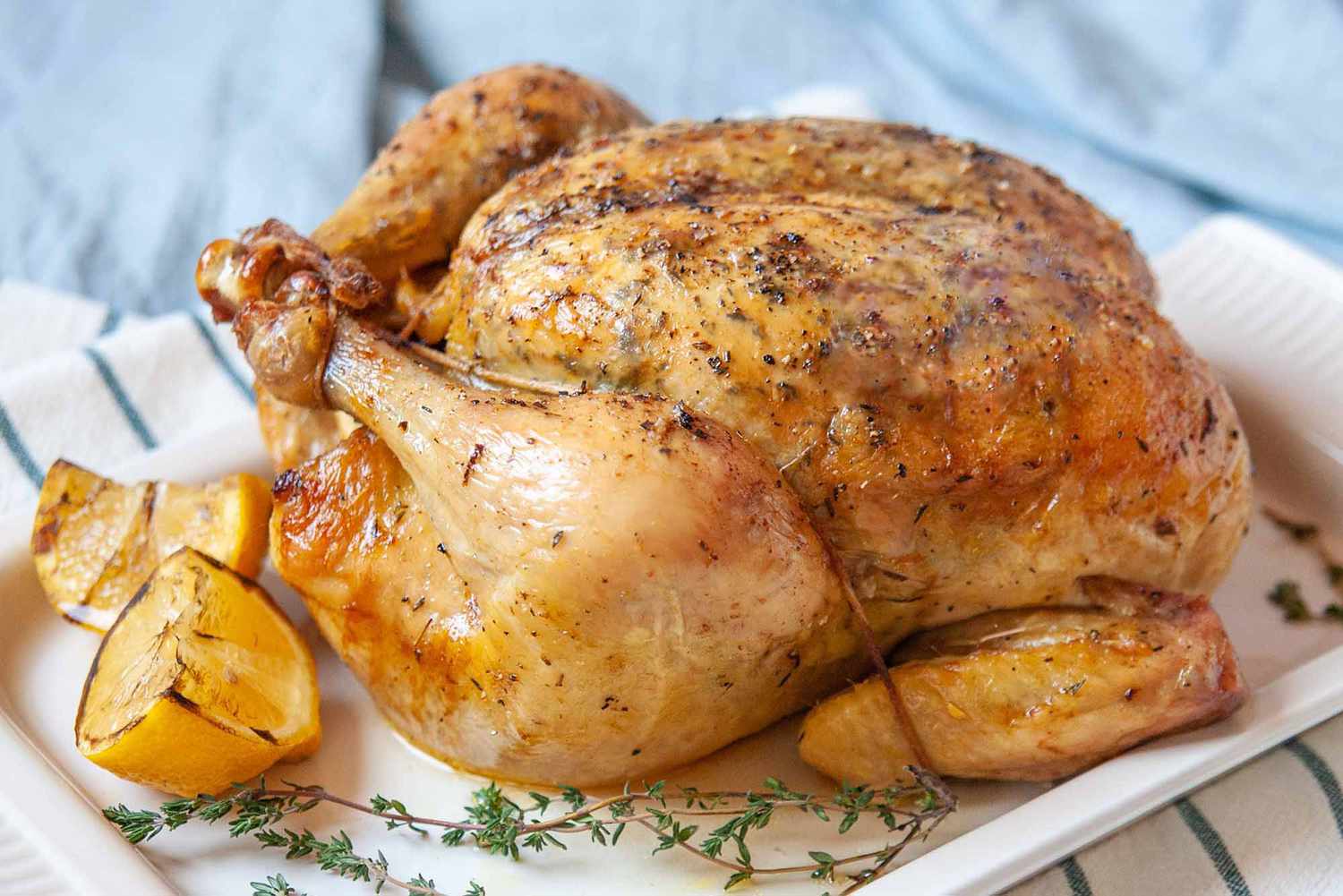 Dry Brined Roast Chicken - - whole chicken on platter Recipe