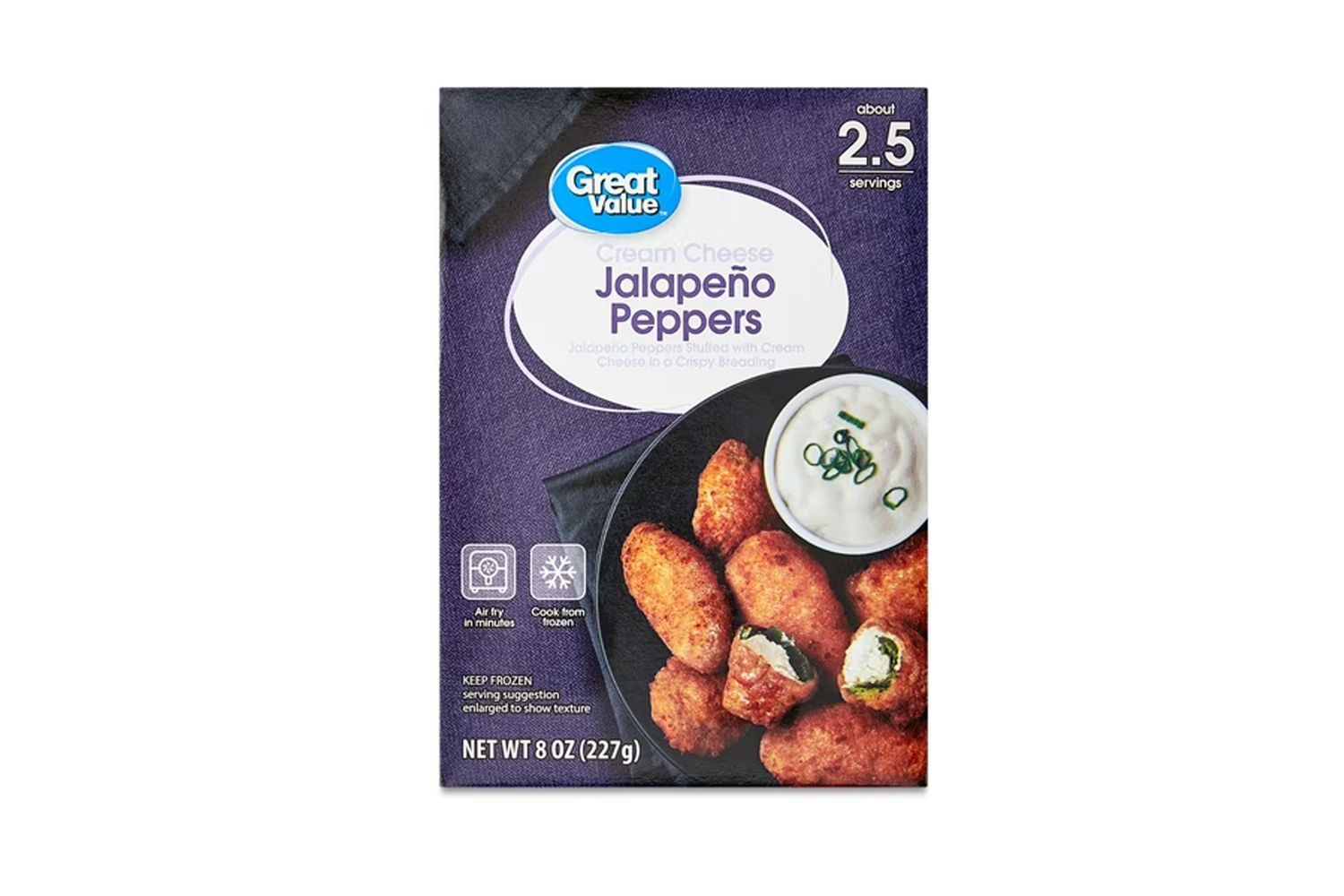 A package of Great Value brand Jalapeo Poppers with a serving suggestion shown on the front
