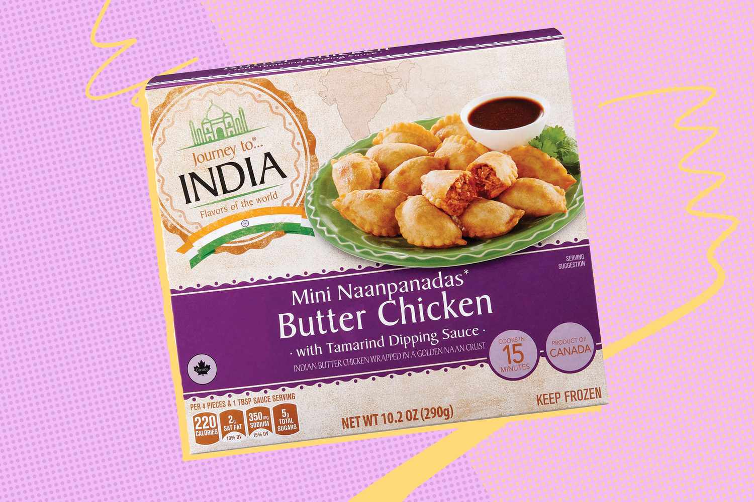 Packaging for a frozen food item labeled Mini Naanpanadas Butter Chicken with Tamarind Dipping Sauce featuring an image of the product