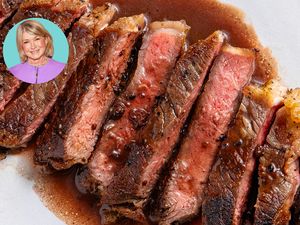 Sliced cooked steak with an image of Martha Stewart overlaying the top left