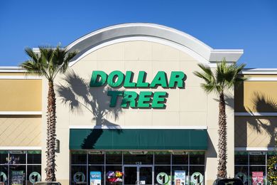 The front of a Dollar Tree retail store with palm trees on either side