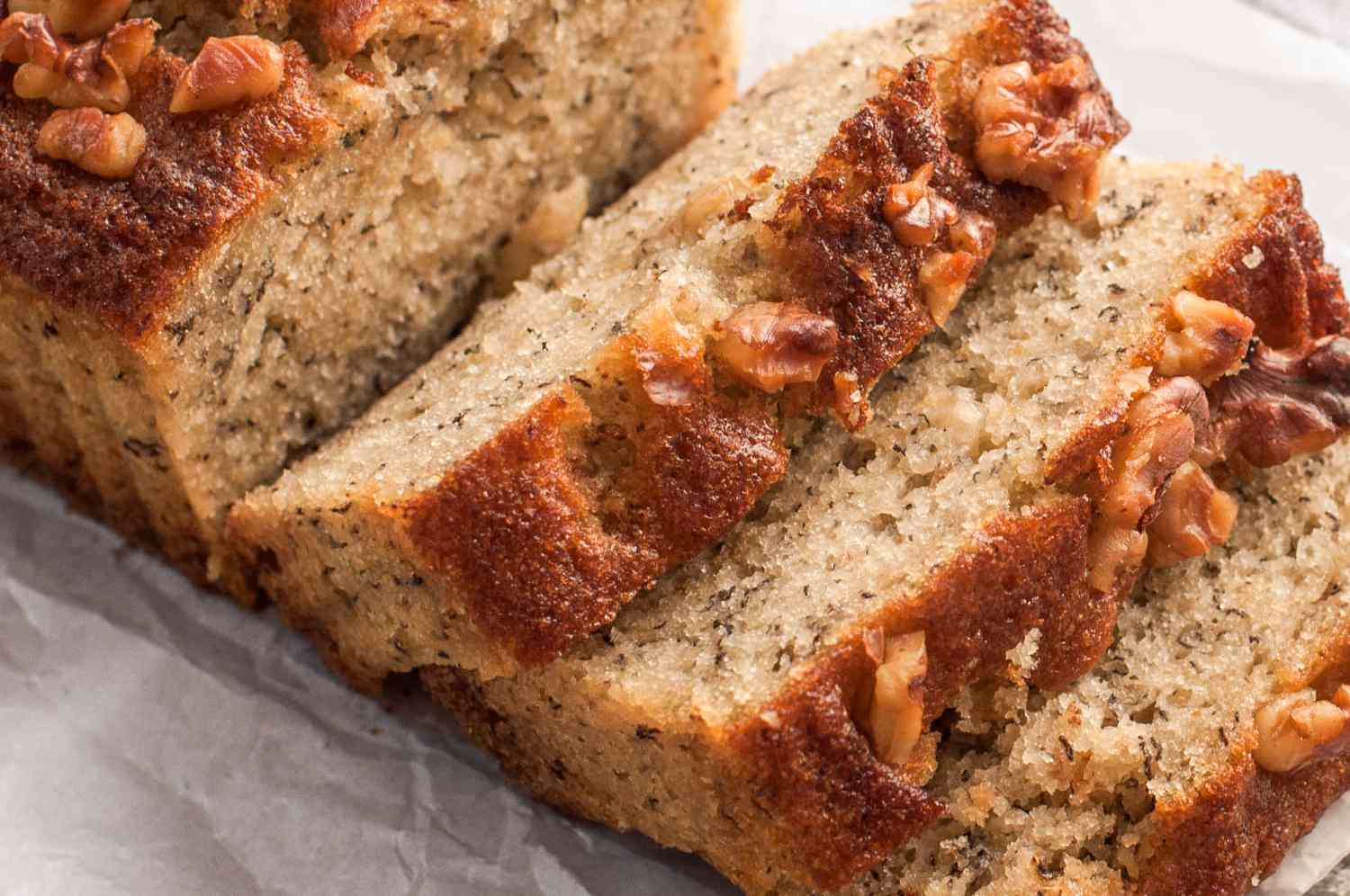 Closeup view of a sliced banana bread