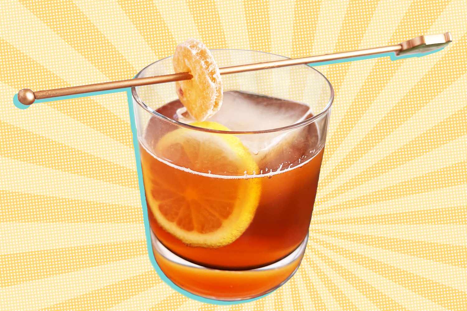 Glass of an autumn cocktail on an illustrated background