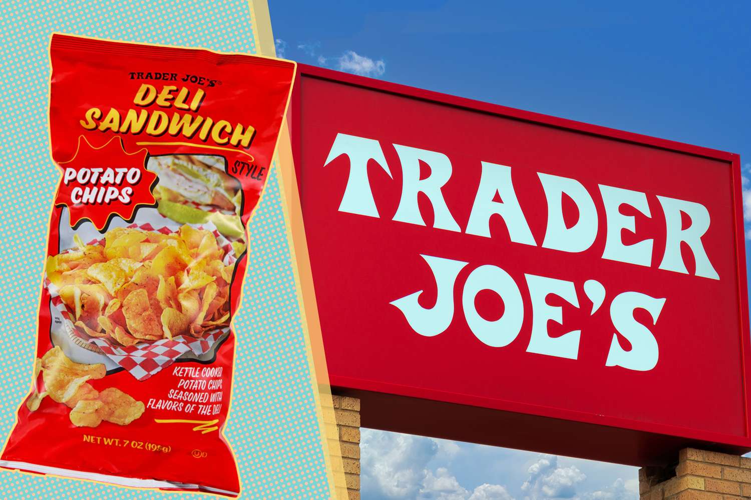 Trader Joes Deli Sandwich Potato Chips and the Trader Joes store sign