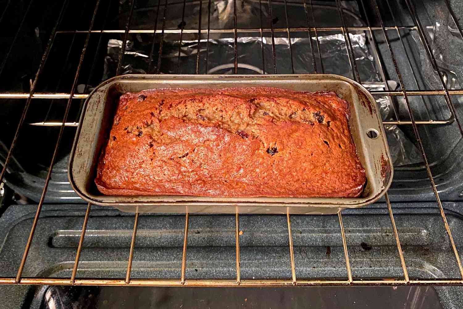 Jamaican Banana Bread baking in the oven.