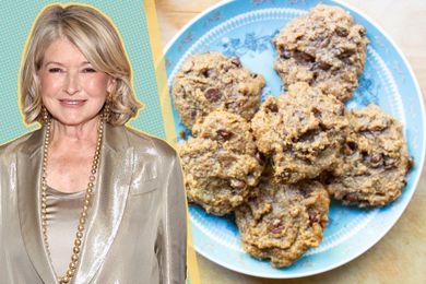 A split image of Martha Stewart and a plate of chocolate chip cookies