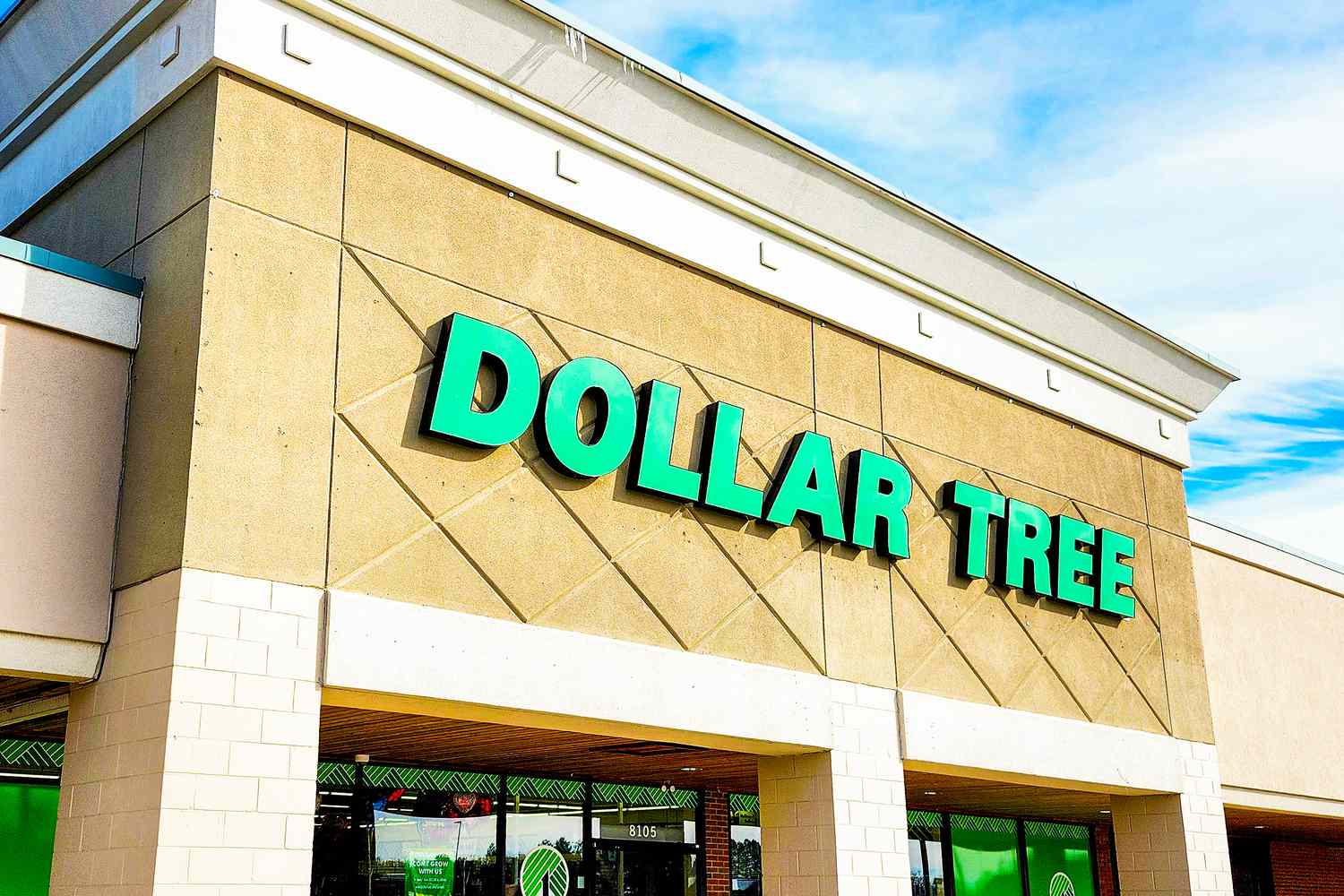 Dollar Tree storefront, showing the building façade with the store's green logo.