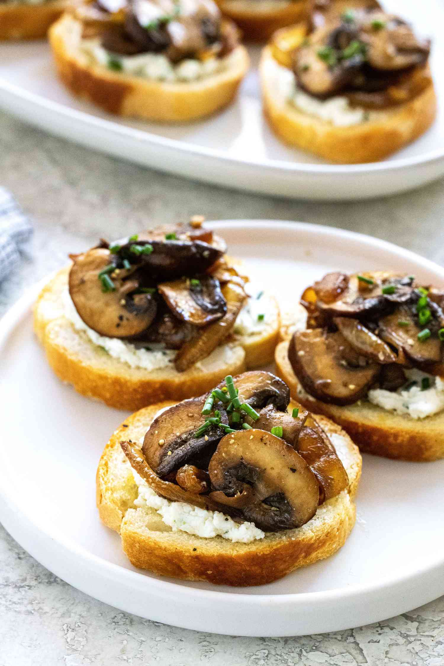 Three crostini topped with savory mushrooms and caramelized onions on a white plate.